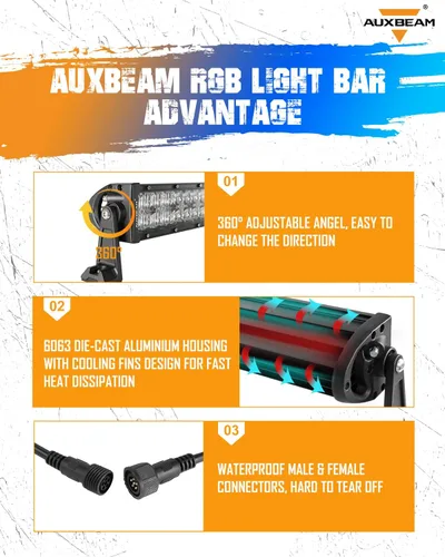 Vista 7 de Auxbeam Barras de Luz de 32 Pulgadas para Camiones 180W que Cambian de Color RGBW LED para ATV UTV, Barra LED Combinada de Doble Fila Flood Spot