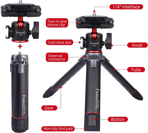Vista 9 de Trípode de teléfono, soporte de trípode de cámara con zapato frío, mini trípode de viaje para iPhone, vlogging, transmisión en vivo