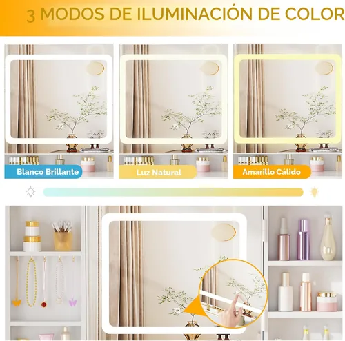 Vista 3 de BEWISHOME Escritorio grande con espejo y luces, mesa de maquillaje blanca con toma de corriente, escritorio de maquillaje con 8 cajones, 7 estantes