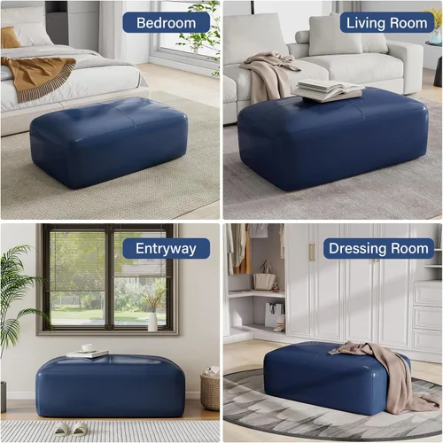 Vista 7 de Otomana rectangular de piel auténtica, mesa de centro otomana con botones y patas, taburete tapizado para sala de estar, dormitorio, entrada