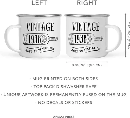Vista 5 de Andaz Press 11oz. Birthday Milestone Stainless Steel Campfire Coffee Mug Gift, Vintage 1938, Wine Bottle Graphic, 1-Pack, Enamel Camping Cup, 81st