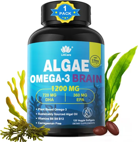 Suplemento vegano Omega 3, Omega 3 DHA EPA a base de plantas con B12, B6, B9, vitamina E, Bacopa Monnieri, Ginkgo Biloba, 120 unidades de aceite de
