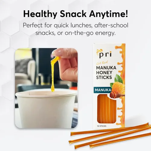 Vista 5 de P.R.I Palitos de miel de Manuka, certificado MGO 60+, miel de Manuka cruda de Nueva Zelanda, perfectos para llevar, 10