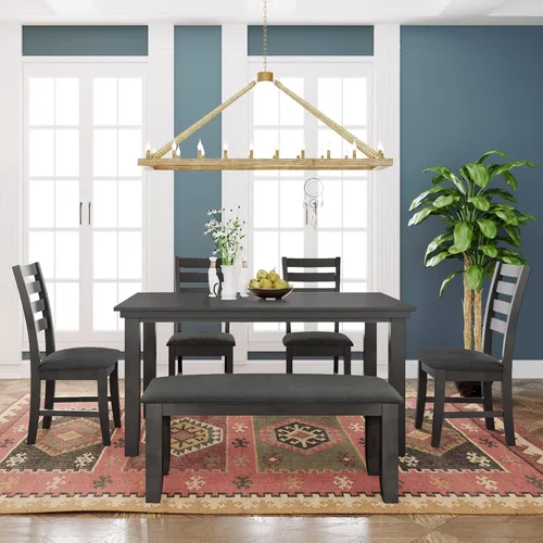 Vista 10 de Merax Juego de mesa de comedor de cocina de 6 piezas, juego de mesa de comedor de granja con mesa rectangular y 4 sillas tapizadas y banco, juego