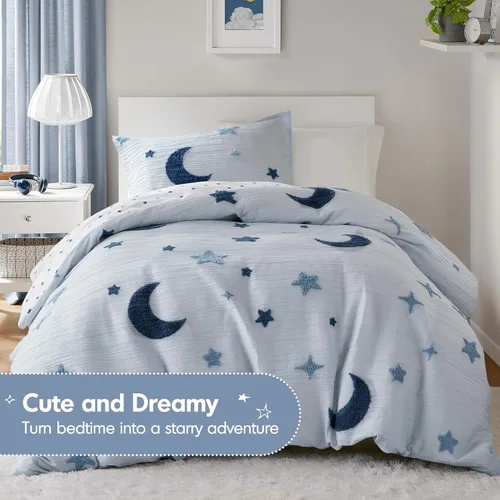 Vista 9 de Intelligent Design Cosmos - Juego de edredón infantil tamaño individual – Chenilla copetuda con estrella azul y luna, ropa de cama reversible de 2