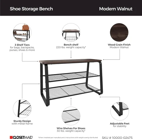 Vista 4 de ClosetMaid 3-Tier Shoe Rack Bench - Metal Frame, Wire Shelves, Wood Seat - Entryway, Hallway, Living Room, Mudroom Organizer - Modern Walnut Finish