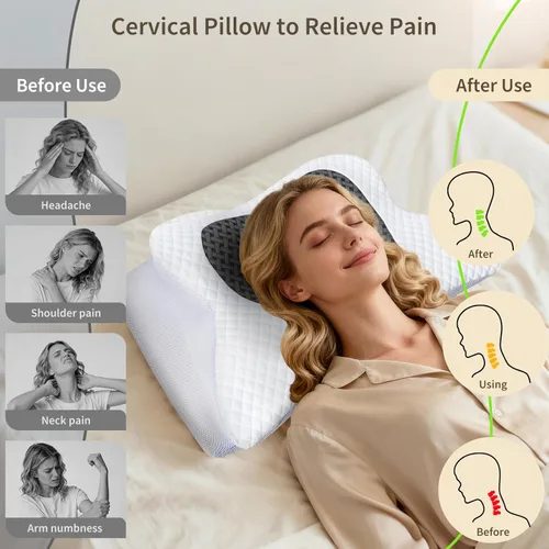 Vista 4 de Almohada cervical para el cuello para dolor de cuello, almohada ortopédica de espuma viscoelástica con diseño contorneado, almohadas de apoyo