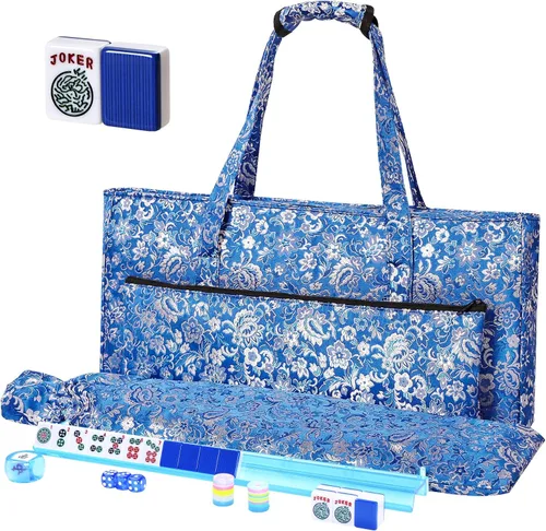 TIASUSAN American Mahjong Juego de juego, 166 azulejos azules grabados, bolsa Mahjong y accesorios completos, 4 bastidores, juego de azulejos Azul