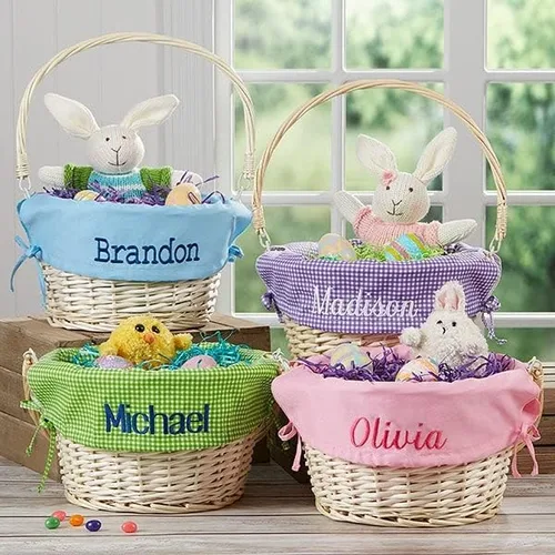 Vista 3 de Personalization Universe Cesta de Pascua de sauce tejida a mano personalizada con mango plegable, primera Pascua, búsqueda de huevos, diseño