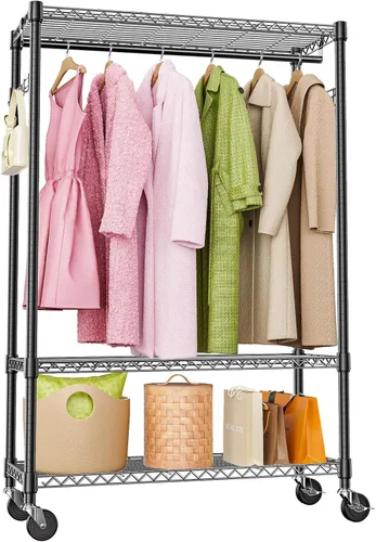 Vista 17 de M MZG Perchero resistente con ruedas de 3 niveles de alambre ajustable con 3 varillas y ganchos laterales, estante de ropa para armario, color Negro