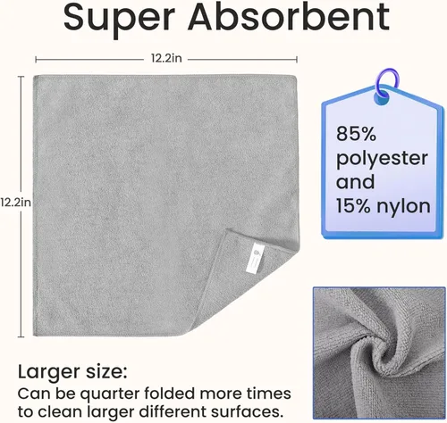 Vista 2 de Paños de limpieza de microfibra, paquete de 12, toallas de microfibra para automóviles y cocina, toalla de limpieza altamente absorbente, trapos sin