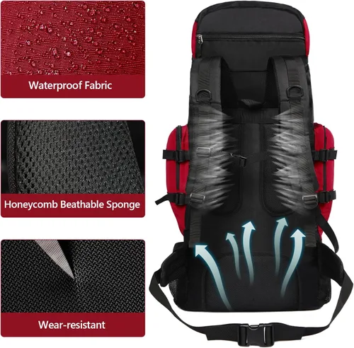 Vista 6 de Mochila de senderismo grande de 90L con cubierta de lluvia, mochila militar Molle impermeable, Rojo