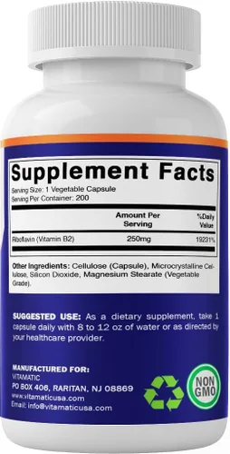 Vista 9 de Vitamatic Vitamina B2 (riboflavina) 250 mg - 200 cápsulas apoyan la energía celular y la producción de glóbulos rojos