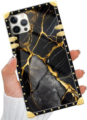 Vista 6 de DAIZAG Funda compatible con iPhone 14 Pro Max, funda de teléfono dorada a prueba de golpes, patrón de mármol natural negro dorado