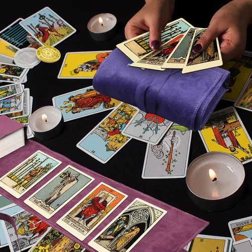 Vista 6 de El kit de 3 piezas de bolsa de tarot contiene caja de almacenamiento de cartas de tarot de terciopelo y moneda para tomar decisiones, bolsas de tela