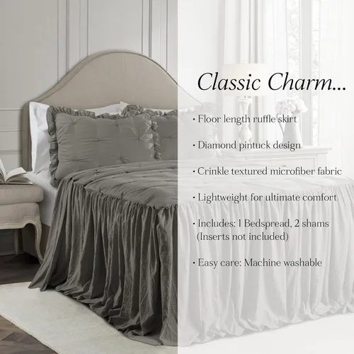 Vista 7 de Lush Decor Ravello - Juego de colcha con faldón de volantes y pliegues - Juego de ropa de cama de lujo de 3 piezas con volantes - Decoración