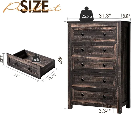Vista 2 de VanAcc Cómoda de 5 cajones para dormitorio, cómoda de madera de granja de 47 pulgadas de alto para armario, cómoda de textura natural para Roble