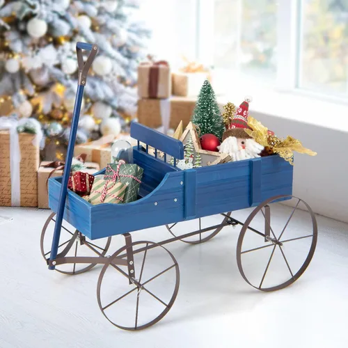 Vista 7 de Giantex Maceta decorativa para jardín, carrito pequeño con ruedas de metal, camas elevadas de madera, soporte para macetas para patio trasero