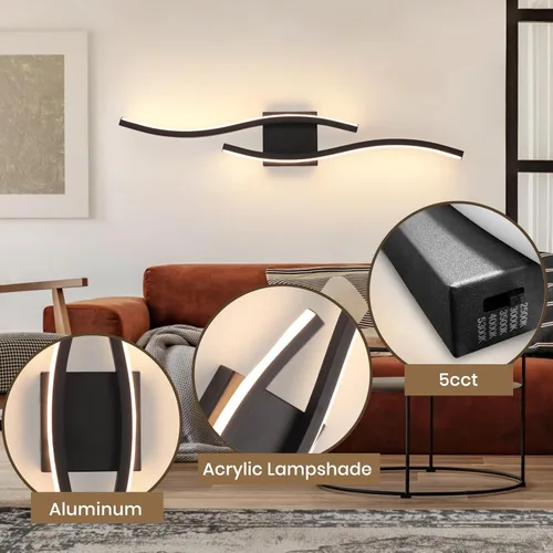 Vista 6 de Aplique de pared negro moderno, iluminación de aplique de pared LED para interiores regulable 5CCT, lámparas de pared LED negras de cableado fijo