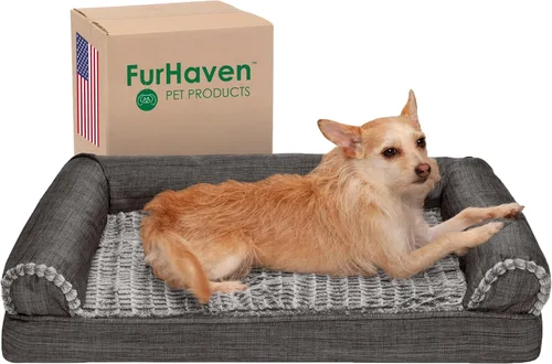 Vista 29 de FurHaven - Cama ortopédica de espuma estilo sofá para perros con funda lavable y extraíble - Felpa/Gamuza - Almendra, para perros de hasta 35 libras