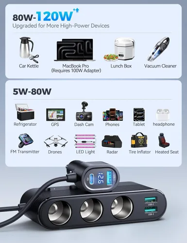 Vista 6 de 【Actualizado 2025】Adaptador de encendedor de 7 en 1, JOYROOM Adaptador de Cargador de Coche 179W con Carga PD30W (Cable de 3.3 pies), Divisor