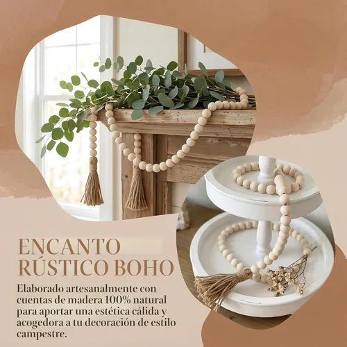 Vista 2 de Cuentas estilo granja, guirnalda de cuentas de madera de 58 pulgadas con borlas, decoración rústica de campo, cuentas bohemias de oración