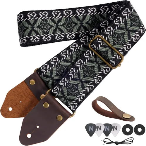 Vista 9 de Nefelibata Correa de guitarra, correas de guitarra de algodón bordado jacquard con extremos de cuero de caballo loco para bajo, eléctrico