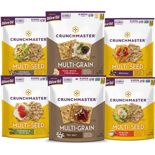 Crunchmaster Paquete variado de galletas multisemillas y multigrano, original, aceite de oliva de romero, ajo asado y todo, sal marina, queso