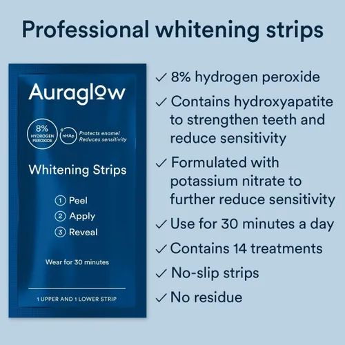 Vista 2 de Auraglow Tiras blanqueadoras de dientes, tiras blanqueadoras sensibles, 14 tratamientos de blanqueamiento, 8% de peróxido de hidrógeno