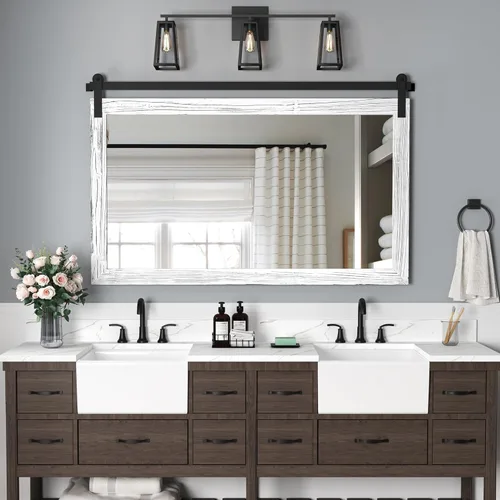 Vista 42 de COGOOD Espejo de puerta de granero de granja, 25 x 18 pulgadas, espejo decrativo con marco de madera rústica para baño, sala de estar, decoración