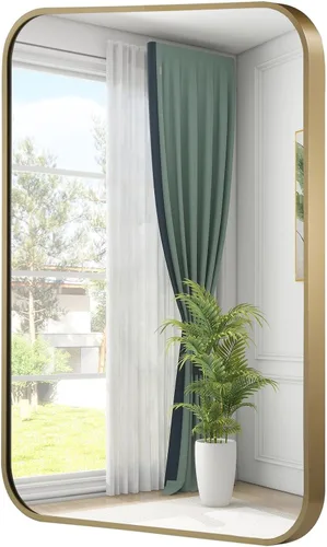 Vista 22 de Espejo de pared negro de 16 x 24 pulgadas para baño, espejo con marco de metal cepillado con esquina redondeada, espejo rectangular de tocador