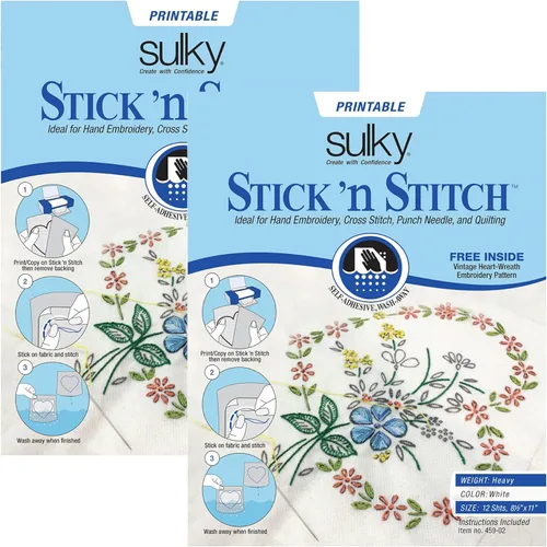 Paquete de 2 paquetes de estabilizador autoadhesivo Stick N Stitch para lavar lejos doce hojas de 8-1/2 x 11