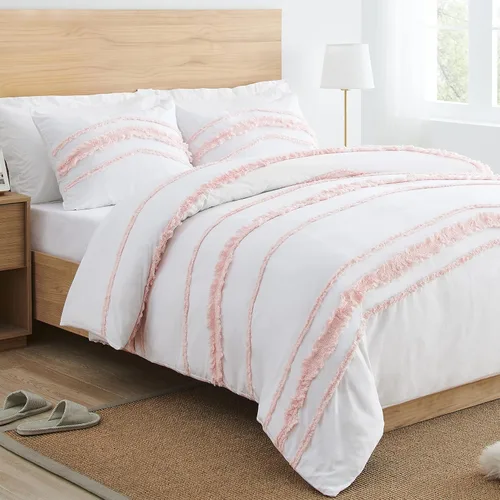 Juego de ropa de cama de 2 piezas con borlas copetudas de macramé blanco y rosa bohemio, bohemio, elegante, tamaño individual/individual XL, funda