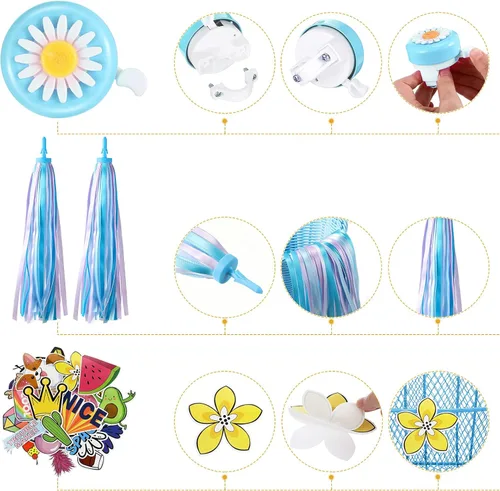 Vista 5 de Juego de serpentinas de cesta de bicicleta para niños, cesta de malla de alambre para bicicleta con 2 piezas de serpentinas coloridas