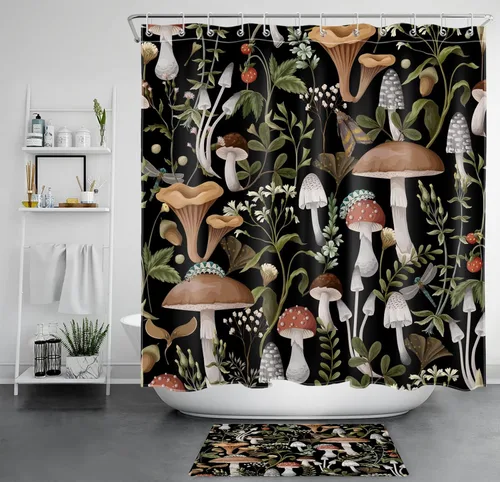 Vista 10 de HVEST 70s Mushroom Shower Curtain, Various Mushrooms and Leaves on Beige Background Bathroom Curtain with Hooks, Vintage Plant Bath Polyester Fabric