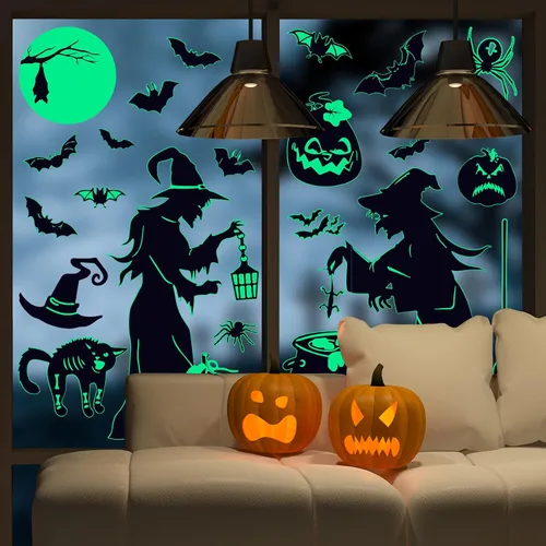 Vista 3 de AnyDesign 2 hojas de calcomanías de pared de bruja de Halloween que brillan en la oscuridad, bruja, murciélago, calabaza, araña, calcomanías