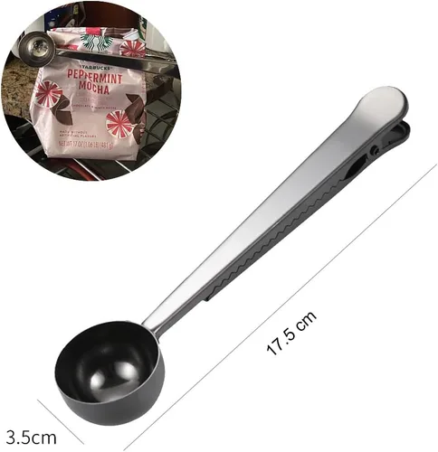 Vista 2 de Cuchara de café con clip de cucharada de acero inoxidable Cuchara de café con mango largo multifunción Bolsa de sellado Clip para té, café, proteína