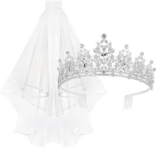 Casoty Tiara nupcial con velo, velos de novia y tocados, velo de novia de boda y tiara plateada, decoraciones de despedida de soltera, suministros