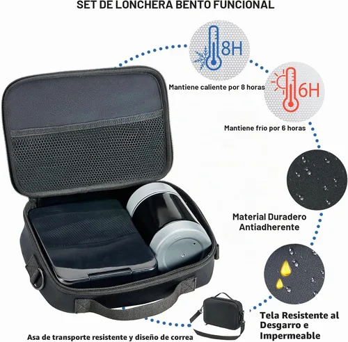 Vista 2 de Lonchera Bento para niños con termo de sopa de 10 onzas, recipientes de almuerzo a prueba de fugas con 4 compartimentos, tarro térmico para Negro