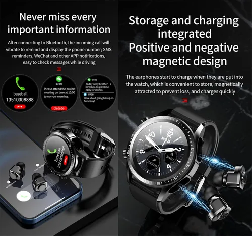 Vista 6 de Tuanzi JM03 2 en 1 Reloj inteligente con auriculares 1.28 "Smartwatch TWS HiFi Stereo Wireless Headset Combo Bluetooth Phone Call para Android iOS