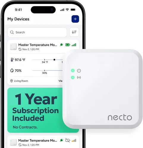 Necto Monitor de Temperatura para Mascotas RV - No Requiere WiFi - Corte de Energía Remoto y Sensor de Temperatura con Alertas de Aplicación.
