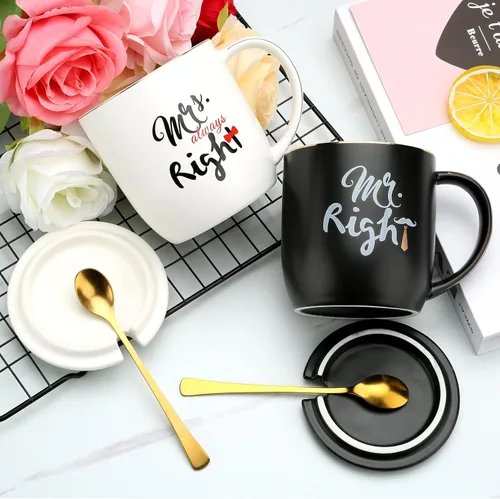 Vista 6 de Tazas de café para parejas Mr Right Mrs Always Right - Tazas de cerámica de mármol para despedida de soltera, boda, aniversario, día de San Valentín
