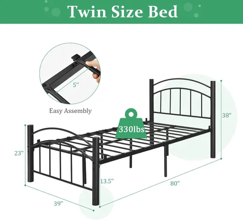 Vista 2 de Giantex Base de cama de metal, plataforma moderna con cabecero y estribo, base de colchón con soporte de listones de acero resistente, sin ruido