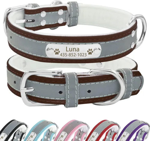 Vista 16 de Collar de perro de cuero reflectante personalizado con forro cálido, collar de perro personalizado con placa de nombre grabada para perros y gatos