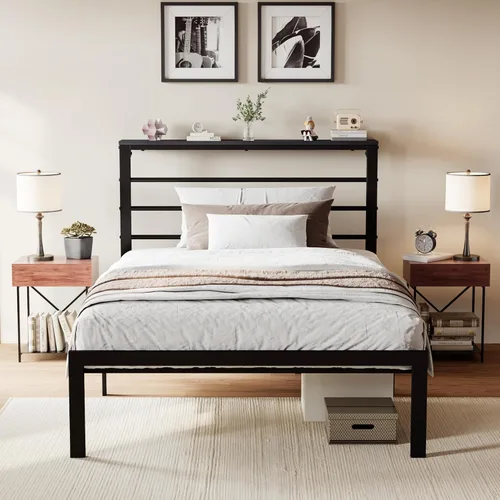 Vista 50 de SHA CERLIN Base de cama tamaño King con estante de cabecera y base de metal resistente, no necesita somier, color marrón