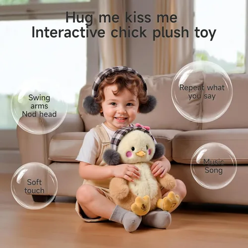 Vista 2 de TUMAMA - Juguete de peluche electrónico interactivo de pollo para abrazar, canta, abraza y repite lo que dices, regalo de cumpleaños y juguetes