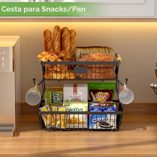 Vista 3 de Cesta de frutas de 2 niveles para encimera de cocina con 2 ganchos para plátanos, cesta de pan de metal para encimera con mango de madera, soporte