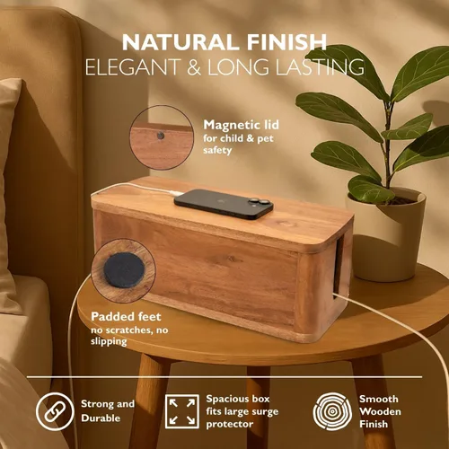 Vista 3 de Caja grande de gestión de cables - Madera de acacia - Caja organizadora de cables y caja de tira de alimentación para la gestión de cables