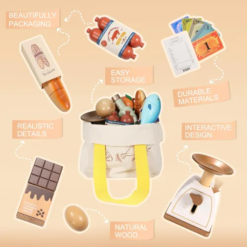 Vista 4 de Pithfor Juego de alimentos de madera para niños pequeños, tienda de comestibles, comida de simulación, compras y juegos, accesorios de cocina