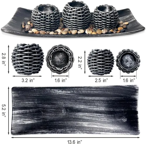 Vista 4 de Decoración de mesa auxiliar, 3 portavelas con bandeja y rocas, decoración de mesa de centro de mesa para sala de estar, comedor, dormitorio